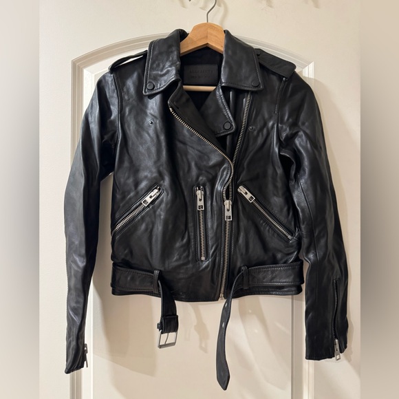 All Saints Black Leather Motorcycle Jacket Asymmetrical Zipper - Picture 2 of 7